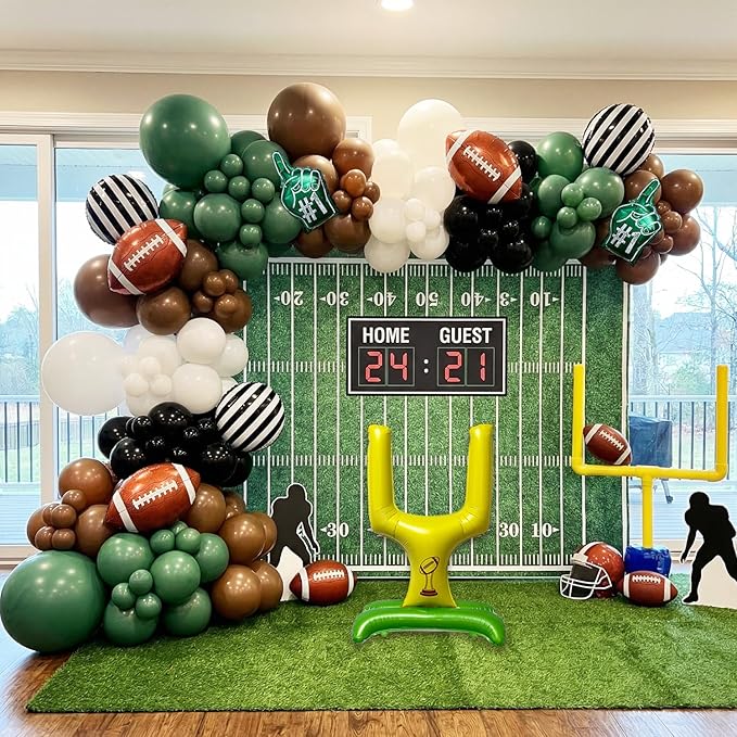 140PCS Football Party Balloon Arch Kit – Game Day Decorations with Football Foil Balloons, Referee Stripe Balloons, #1 Hand Balloons & Field Goal Post, Green Brown Black Balloon Garland