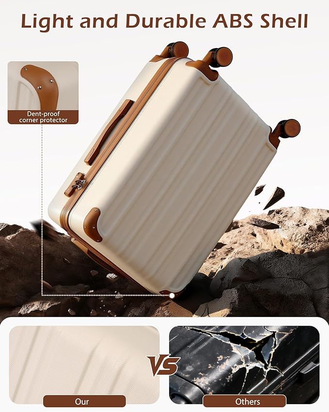 Coolife Luggage, Suitcase with Durable and Lightweight, Large Checked Luggage with ABS Hardshell Expandable, Dual Spinner Wheels, TSA Lock, and YKK Zipper (apricot white, L(28in))