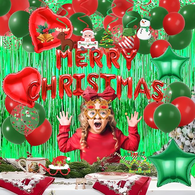 Red Green Christmas Decorations with Green Fringe Curtains, Heart Stars Confetti Balloon, Merry Christma Foil Balloons, christmas Glasses Frames and Hanging Swirls for Xmas Party Supplies