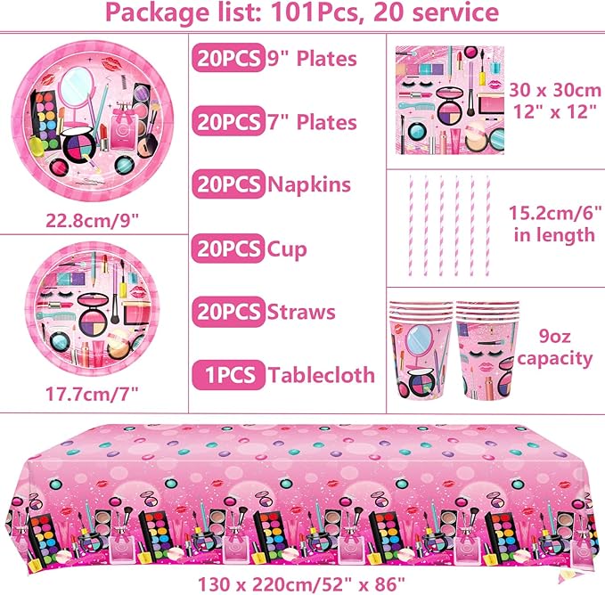 Spa Party Supplies - Makeup Theme Party Tableware - Dinner Plates Desserts Plates Cups Napkins Spa Makeup Tablecover Straws for Girls Women Slumber Pamper Spa Birthday Party Decoration, Serves 20 (20)