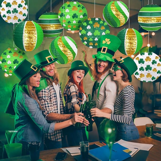 ADLKGG St Patricks Day Decorations Paper Lanterns, 8" Round Hanging Green Clover Lanterns for Irish Party Saint Patricks Day, Easy to Hang Festive Indoor Outdoor Party Supplies, Classroom Decor, 12pcs