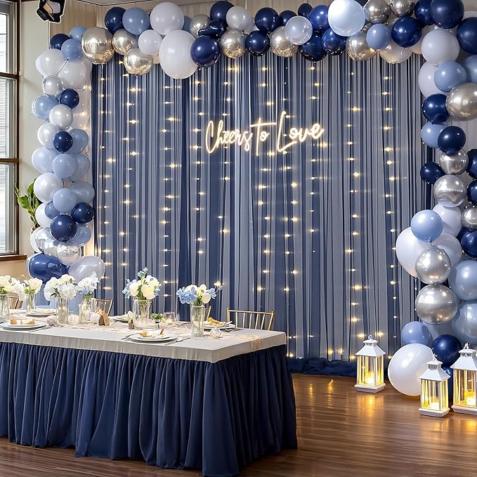 30×10ft Navy Blue Tulle Backdrop Curtain with Lights String for Parties, Sheer Photo Backdrop Curtains for Wedding Party Photography Background