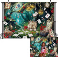 Wonderland Tea Party Backdrop Green Leaves Checkerboard Photography Background Wonderland Girls Kids Birthday Party Party Decoration Banner Supplies (82x59inch(7x5FT))