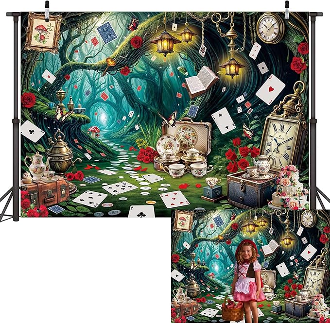 Wonderland Tea Party Backdrop Green Leaves Checkerboard Photography Background Wonderland Girls Kids Birthday Party Party Decoration Banner Supplies (82x59inch(7x5FT))