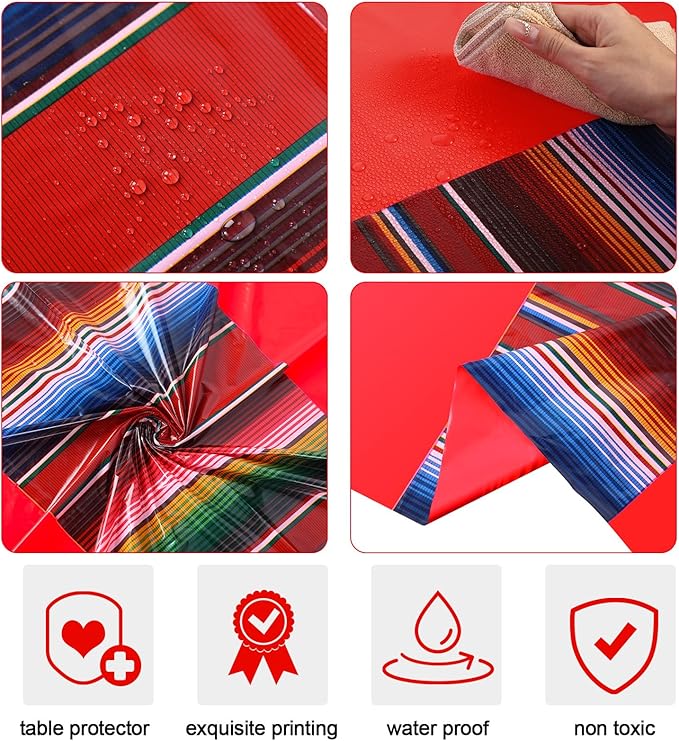 Oudain 3 Pcs Fiesta Tablecloth 108 x 54 Inch Plastic Tablecover Waterproof Mexican Tablecloth Mexican Striped Table Cover for Taco Night Festive Fiesta Wedding (Red,Green,Navy)
