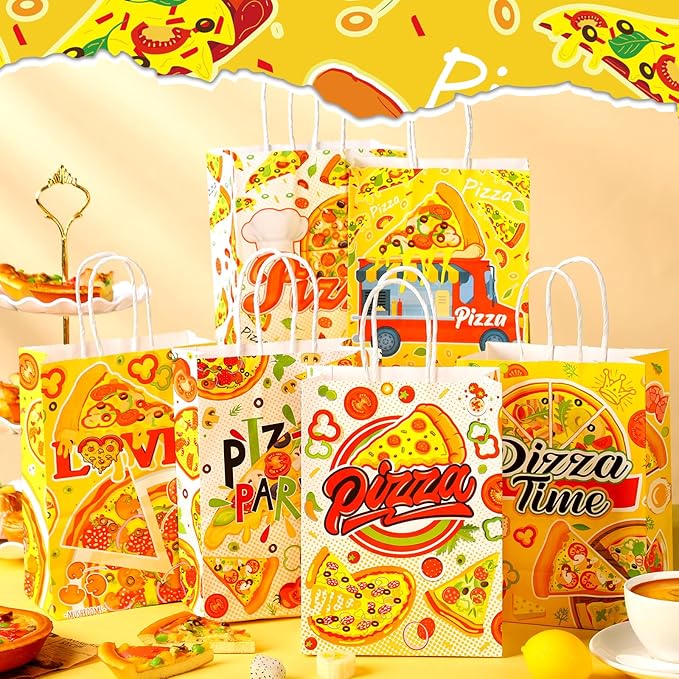 24 Pcs Pizza Party Favors Paper Gift Bags with Handle Decorations Pizza Candy Goodie Treat Bags Large Birthday Party Supplies for Baby Shower, 6 Styles