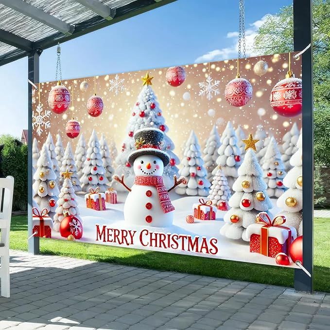 Christmas Banner Snowman Winter Wonderland Xmas Decoration Holiday Party Backdrop Merry Christmas White Tree Gift Red Ornaments Photo Prop Wall Display for Indoor Outdoor 71 X 43 Inches