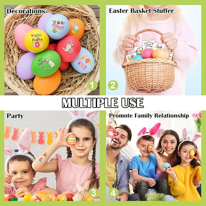 Partywind 204 PCS Glitter Easter Party Decorations for Kids Tattoos, Easter Party Supplies, Easter Basket Essentials Goodie Bag Stuffers for Boys Girls, Egg Hunt Games (Individually Wrapped Cut)