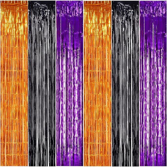 TONIFUL 2Pcs Orange Purple Black Metallic Tinsel Foil Fringe Curtains,3.28ft x 6.56ft Halloween Photo Booth Backdrop Streamer,Photo Props,for Party Door Wall Curtains Wedding Birthday(6.6ft x 6.6ft)
