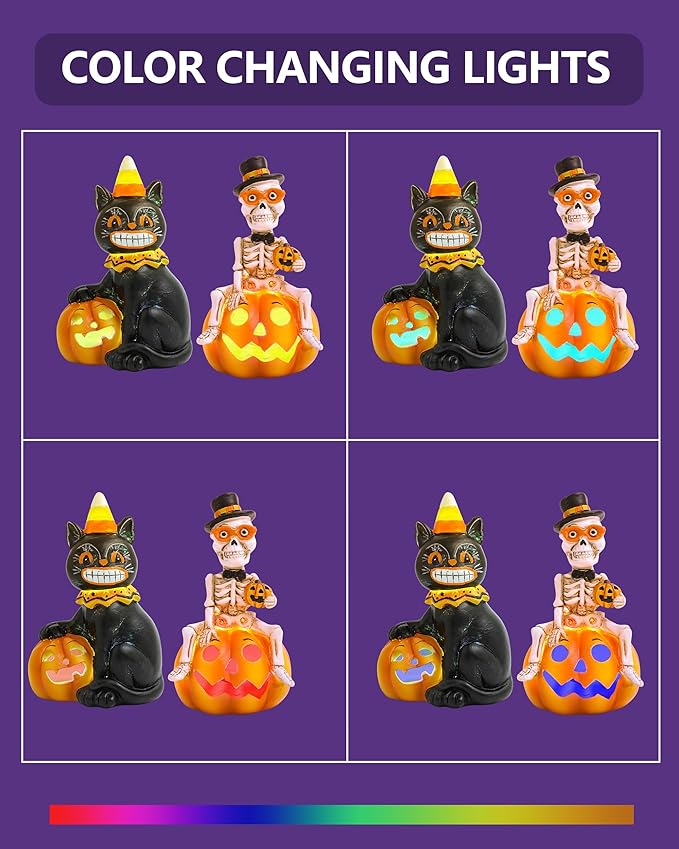 Vintage Halloween Decorations Indoor - 2-Pack 4.7'' Resin Skeleton Gentleman & Black Cat Figurine with Flickering Pumpkin Lights - Halloween Table Decor Ornaments Gifts (Jack-O’-Lantern)