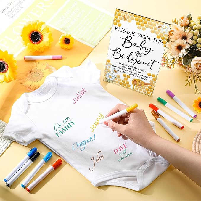 Qunclay 12 Pcs Baby Shower Game Decor with White Unisex Bodysuit Wooden Sign Tabletop Decor and Marker for Guests(Bee)