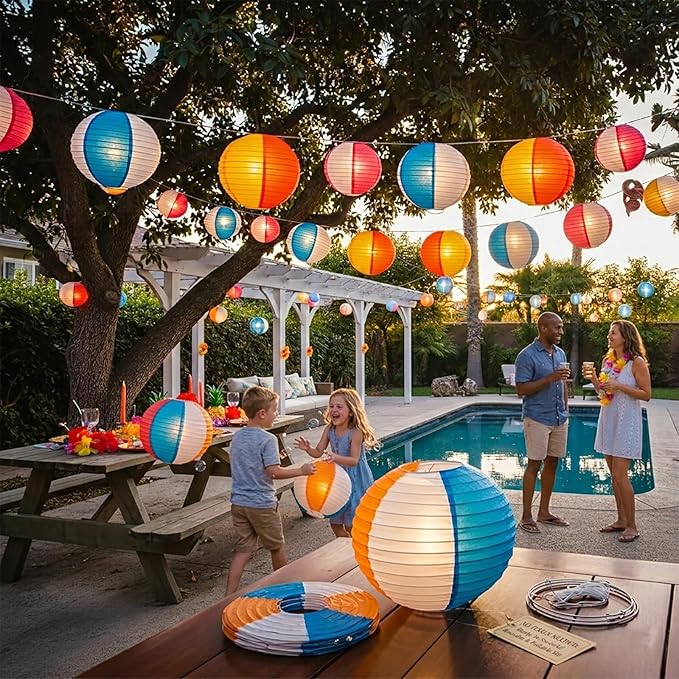 ADLKGG 15Pcs Pool Party Decorations Beach Ball Paper Lanterns, Summer Hawaiian Luau Themed Birthday Supplies, Reusable Decor for Outdoor Events, Indoor Classroom Home