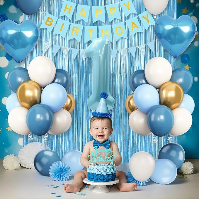 1st Birthday Decorations Blue White Gold,First Birthday Balloons with Happy Birthday Banner Fringe Curtain Heart Foil Balloons for Boys Girls 1 Year Old Birthday Decor