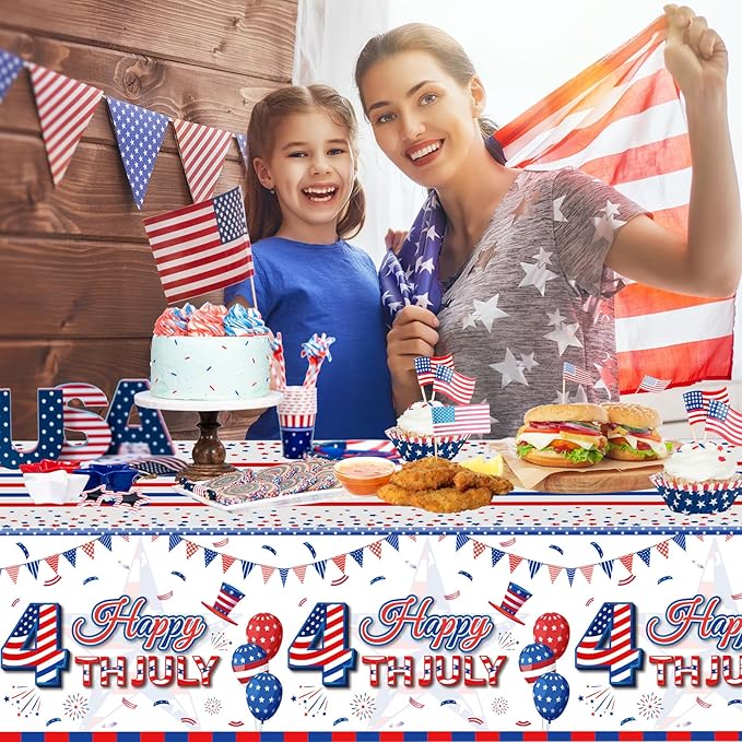 2 Pack Happy 4th of July Tablecloth Decorations - Fourth of July Table Cloth, Plastic Disposable Rectangle Table Cover for Patriotic Independence day Tables Decor Party Supplies Favors,108 x 54 Inch