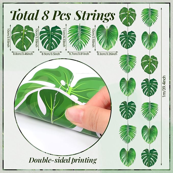 Xinnun Tropical Garland Party Decorations Palm Leaves Garland Banners Green Hawaiian Luau Leaf Hanging Decor for Summer Beach Pool Jungle Baby Shower Birthday Party Supplies