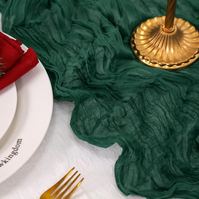 Snowkingdom 6 PCS Emerald Green Table Runner 120 Inch 10 Ft Rustic Boho Dark Green Cheese Cloth Runner for Wedding Bridal Baby Shower Birthday Party Christmas Sheer Gauze Home Table Centerpiece Deocr
