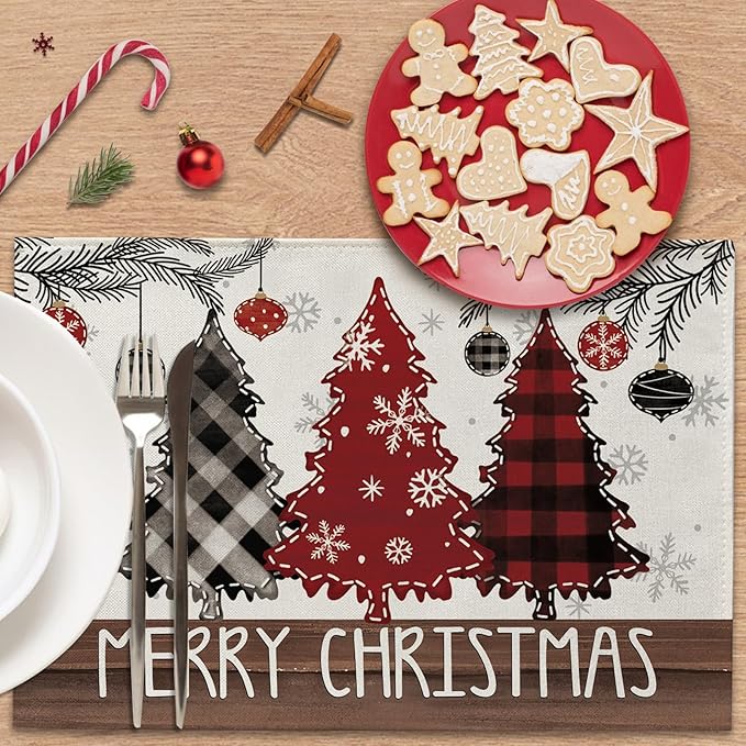 Merry Christmas Tree Placemats Set of 4, Xmas Red Black Buffalo Plaid Snowflake Farmhouse Dining Place Mats Table Decor, Rustic Winter Holiday Balls Home Kitchen Decoration 12 x 18 Inches