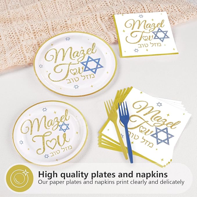 96Pcs Mazel Tov Party Decorations Congratulations Plates and Napkins Gold Blue Disposable Paper Tableware Set for Bar Mitzvah Bat Mitzvah Jewish Birthday Wedding Engagement Party Supplies Serves 24
