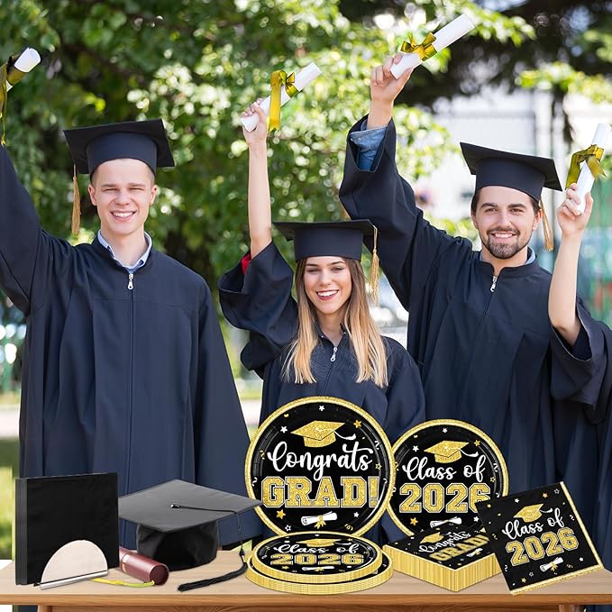 Black and Gold Graduation Decorations,200pcs Black and Gold Graduation Paper Plates and Napkins,Class of 2026 Plates for Grad Party Decorations,Serve 50
