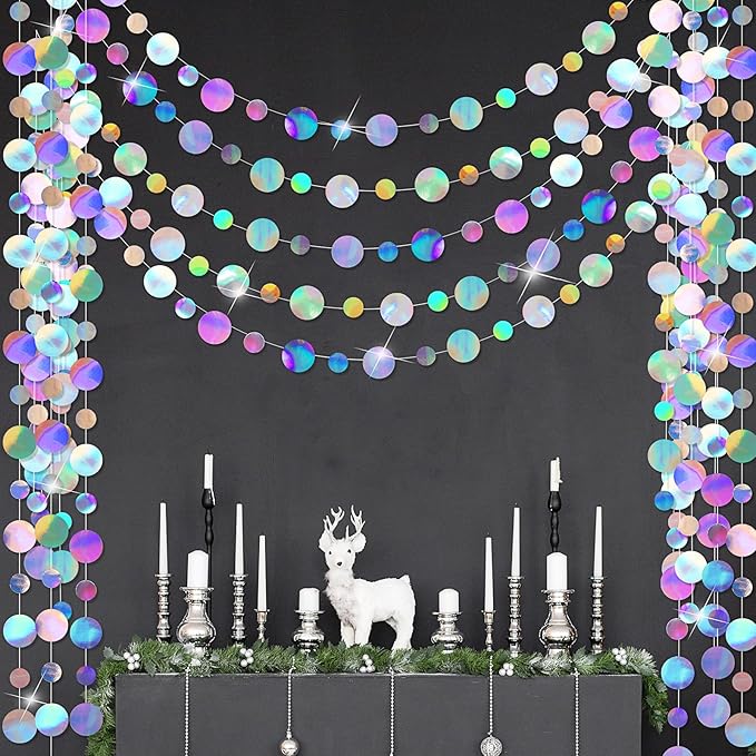 Outus 5 Pieces Laser Silver Round Dots Garland Easter Graduation Party Hanging Decor Each Length 13.1ft Glitter Paper Dot Streamers for Birthday Wedding Classroom