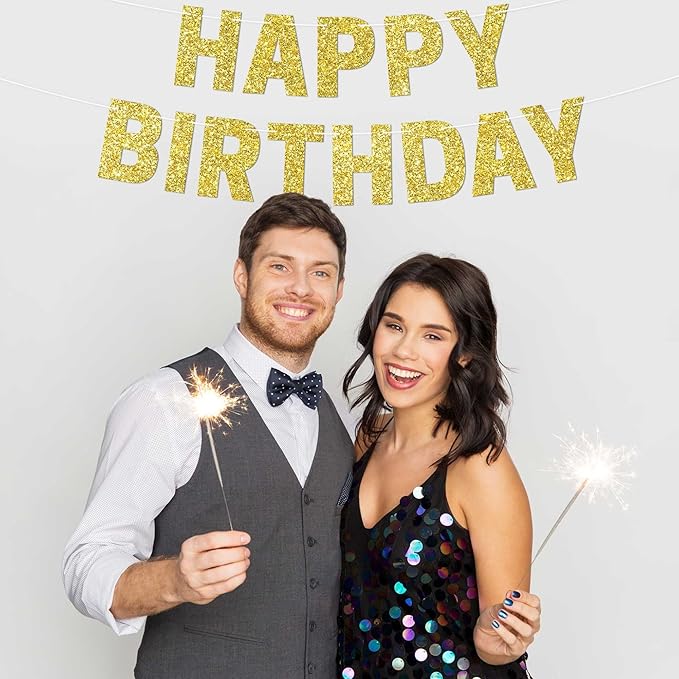 Pre-strung Happy Birthday Banner - No DIY - Glitter Birthday Party Banner for Men & Women - Pre-strung Garland on 8 ft Strands - Bday Party Decorations & Decor. Did We Mention No DIY (Yellow Gold)