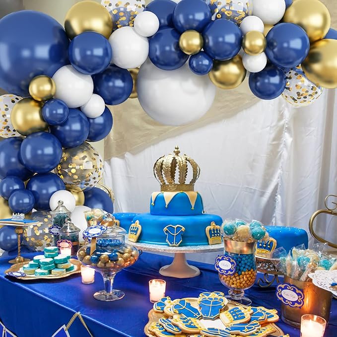 145PCS Navy Blue Gold and White Balloons Garland Arch Kit, 18 12 10 5 inch Navy Blue, White, Metallic Gold and Confetti Balloons Garland, Matte Balloons for Baby Shower, Birthday, Graduation, Wedding