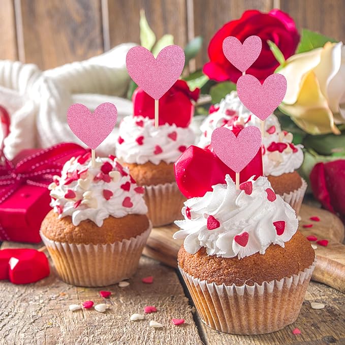 30 PCS Heart Cupcake Toppers Glitter Sweet Love Theme Cupcake Picks Wedding Engagement Bridal Shower Birthday Valentine's Day Party Cake Decorations Supplies Mixed Size Pink