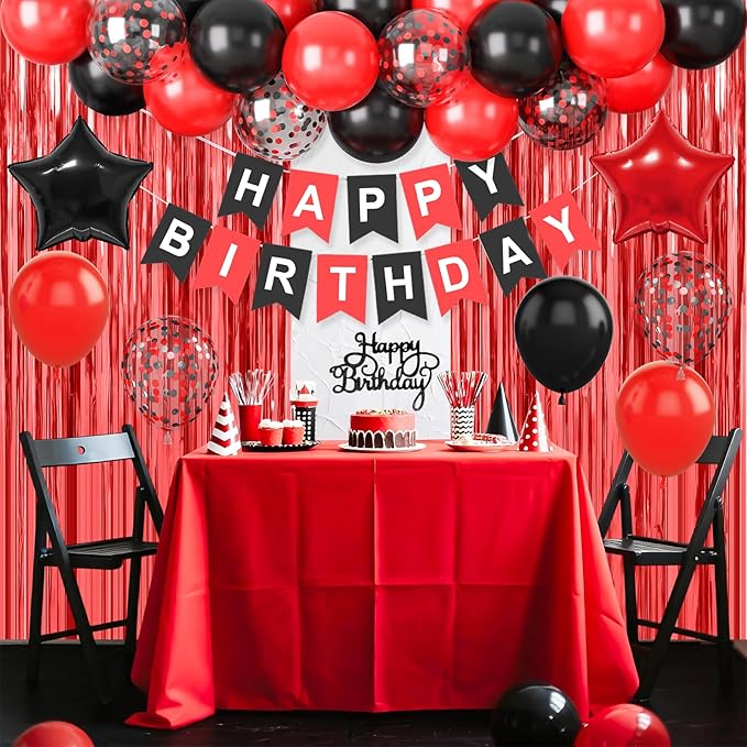 Red and Black Party Decorations for Men Women Boys Girls, Red Black Confetti Balloons 'HAPPY BIRTHDAY' Banner Fringe Curtains Foil Balloons Cake Topper for Birthday Party Decor