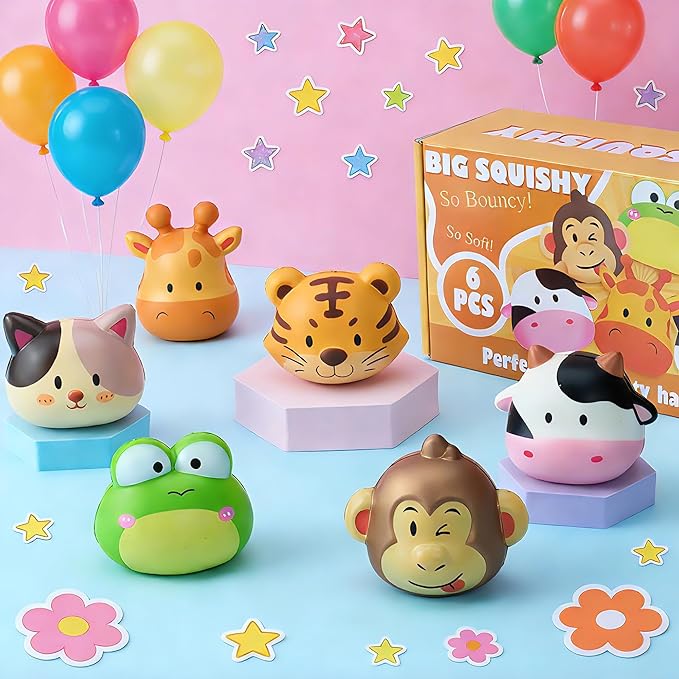 Party Favors for Kids 6PCS Large Animal Squishy Toys, Stress Balls Goodie Bag Stuffers, Pinata Stuffers,Birthday Gifts for Boys & Girls,Treasure Chest Prizes,Classroom Prizes for Kids
