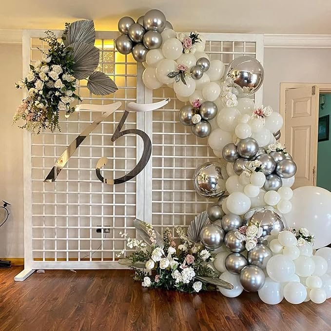 Silver and White Balloon Garland Kit, Metallic Silver White Balloon Arch Kit, Helium Latex Balloons Different Sizes 18/12/10/5 Inch for Wedding Birthday Baby Shower Anniversary Party Decorations