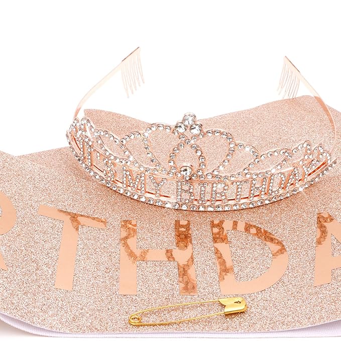 CAVETEE Birthday Crowns for Women - Its My Birthday Sash and Crown Set for Adult Women - Rose Gold