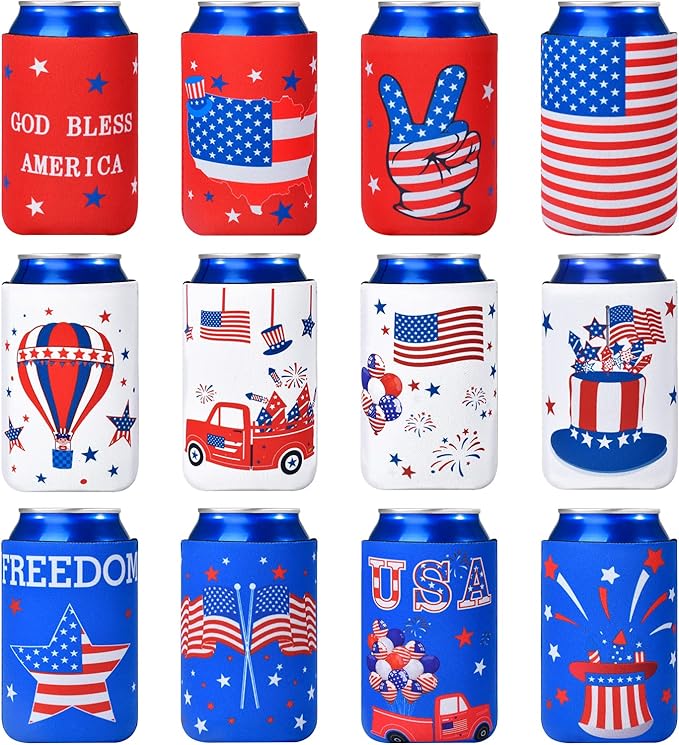4th of July Decorations, 12 PCS Can Cooler Sleeves for Independence Day Accessories, Patriotic Party Favors, Collapsible Insulation Cover for Memorial Day Fourth of July Decorations Outdoor Indoor