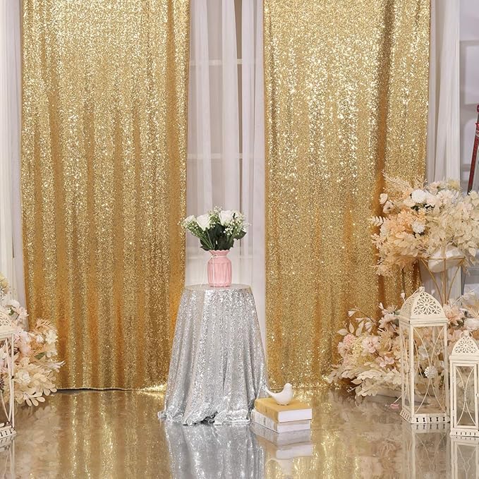Juya Delight 2ft x 8ft x 2Pcs New Gold Sequin Photography Backdrop Curtain for Party Banquet Festival Wedding Anniversary Exhibition