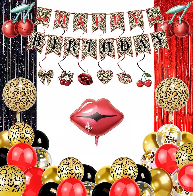 Red Cheetah Print Birthday Decorations Pre-Strung Leopard Happy Birthday Banner, Cherry Red Lips Foil Balloons, Laser Fringe Curtains, Hanging Swirls Y2K Cheetah Cherry Party Supplies for Women Girls