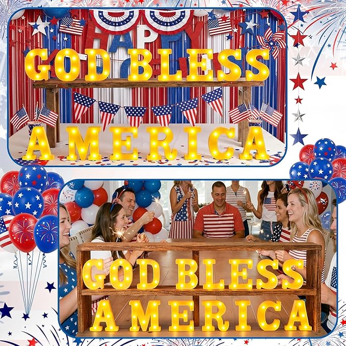 15 Pcs Patriotic Decorations 6.4 Inch God Bless America LED Letter Lights Sign 4th of July Table Decoration for Patriotic Welcome Memorial Day