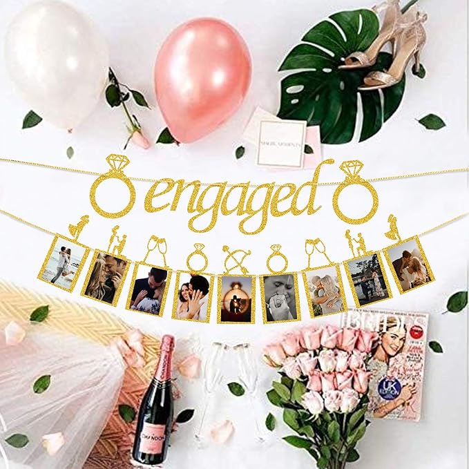 Engagement Wedding Decorations, Gold Engaged Banner and Photo Banner with Romantic Memories Picture Card Frames for Engaged/Wedding/Anniversary/Valentines Day Party