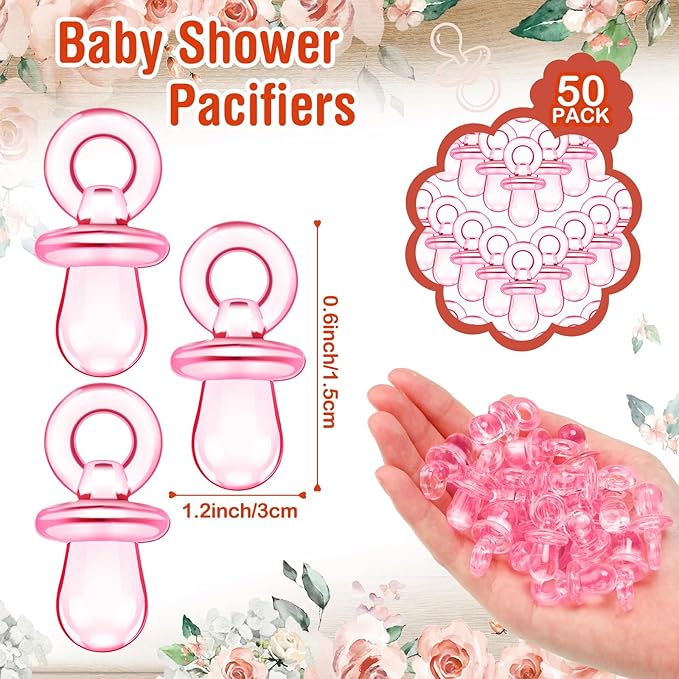 Thyle 51 Pcs Pink Rose Baby Shower Game Floral Pacifier Hunt Sign and 50 Acrylic Pacifiers for Pink Rose Baby Shower Decorations Floral Sweet Gender Reveal Table Centerpiece Pregnancy Party Supplies