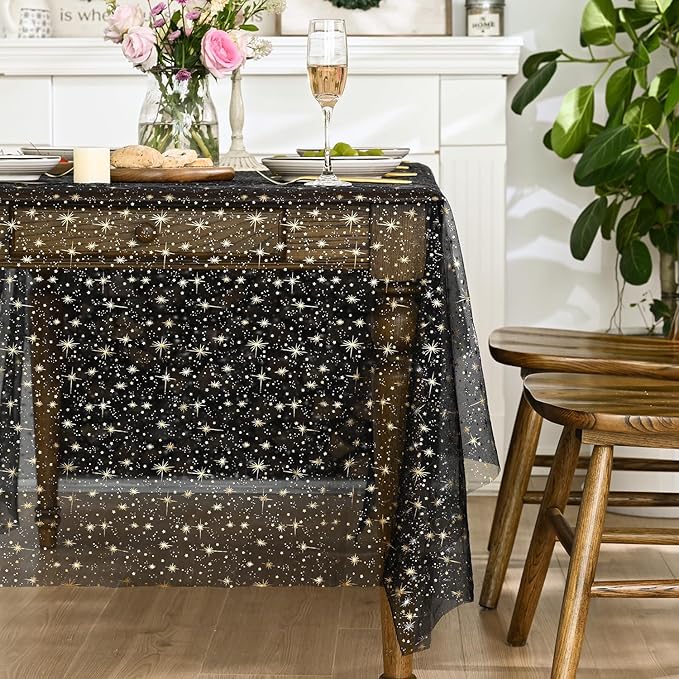 Horaldaily Black Gold Sparkling Star Gauze Tablecloth 60x120 Inch Rectangular, Golden Star Sequin Glitter Metallic Foil, Sheer Tulle Cheesecloth for Wedding Baby Shower Party