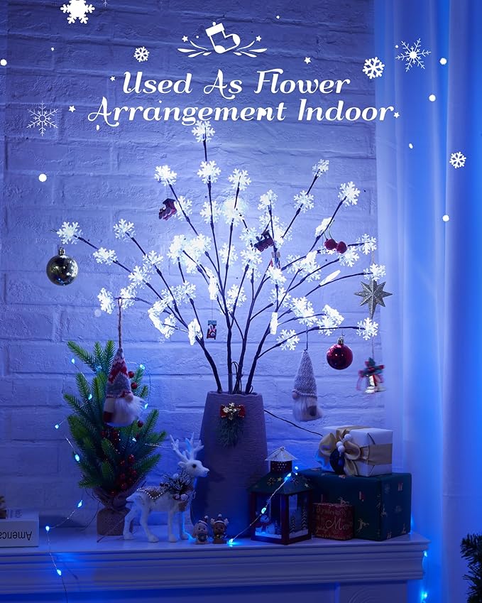 Brightown Snowflake Lights Outdoor Pathway, 4 Packs Lighted Branches Christmas Yard Decor, Small Christmas Tree with Lights, Twig Branch Light Outdoor Christmas Decorations Yard, White