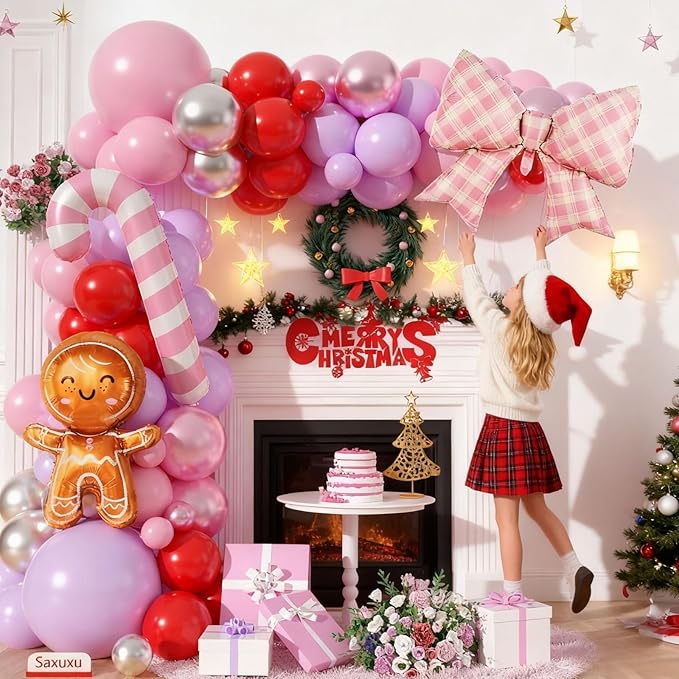 Christmas Balloon Arch Kit, Red Pink Purple Metallic Silver Balloons with Gingerbread-Style Foil,Bow Foil,Pink Candy Cane Balloons for Girl Birthday Party Decorations Baby Shower Backdrop