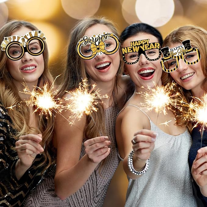 12Pcs Happy New Year Glasses, Black and Gold New Years Eve Paper Eyeglasses 2026 Glasses Photo Booth Props for 2026 New Years Eve Party Supplies
