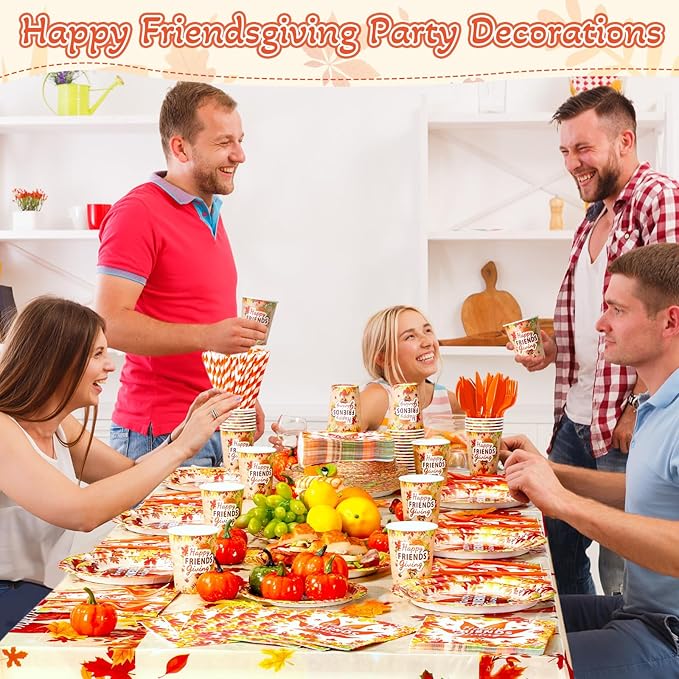 452 Pcs Happy Friendsgiving Party Decoration for 50, Fall Maple Leaf Friends Giving Paper Plates Napkins Cups Tablecloth Cutlery Straws for Autumn Friendsgiving Thanksgiving Party Supplies
