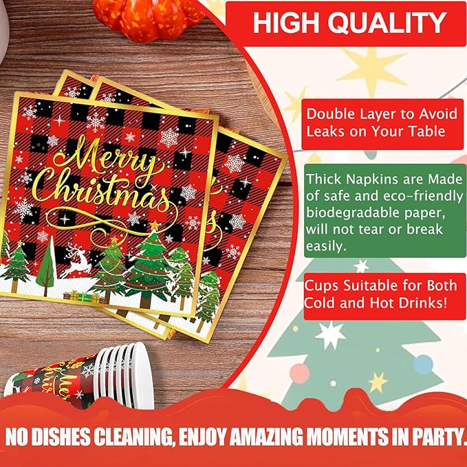 Christmas Party Decorations Supplies - 175 PCS Merry Christmas Red Plaid Disposable Dinnerware Set Xmas Paper Plates and Napkins Sets with Cups Fork Spoon for Holiday Party Supplies, Serve 25