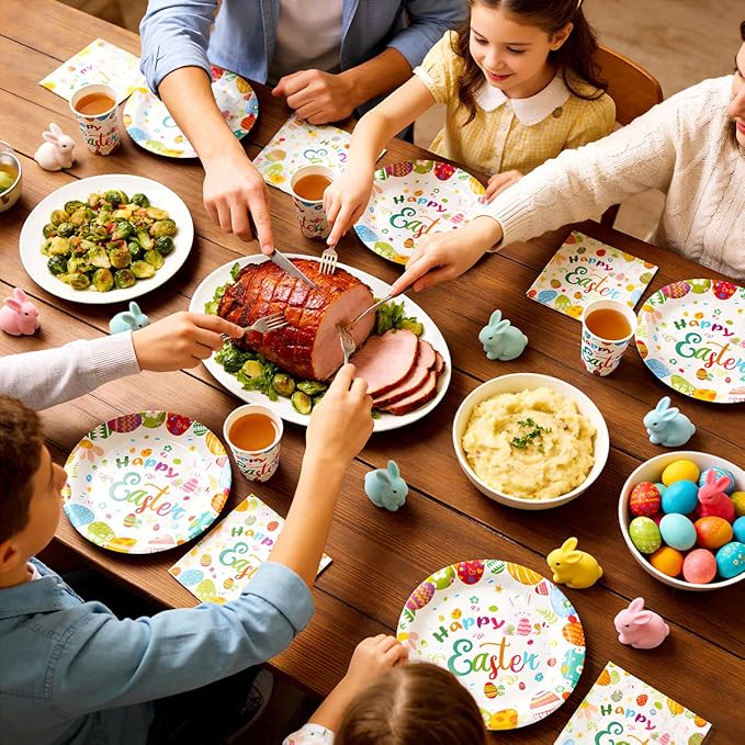 200PCS Easter Paper Plates and Napkins Set, Bunny & Egg Theme, 9" Dinner Plates, 7" Dessert Plates, 9oz Cups and Napkins, Heavy Duty Disposable Tableware for Easter Party Supplies, Serves 50