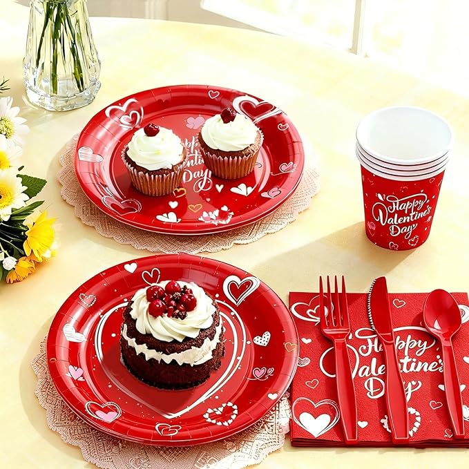112PCS Valentine’s Day Heart Party Plates Supplies Love Red Heart Party Tableware Decoration Disposable Paper Plates Napkins Forks for Graduation, Anniversary(Serves 16)