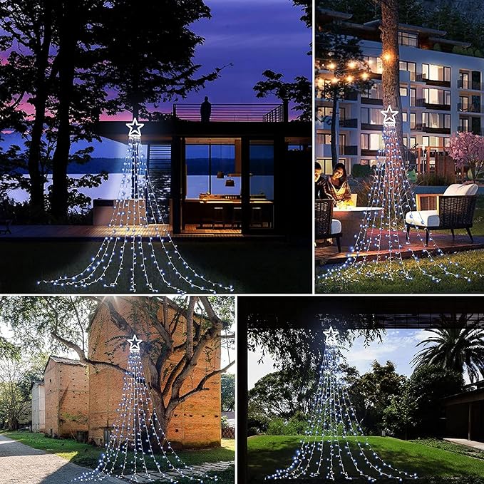 Christmas Decoration Lights, Outdoor Christmas String Lights 320 LED 11.5 Ft Waterfall Tree Light with Big Star Topper 8 Light Modes for Xmas New Year Holiday Garden Yard Indoor Outdoor Decor