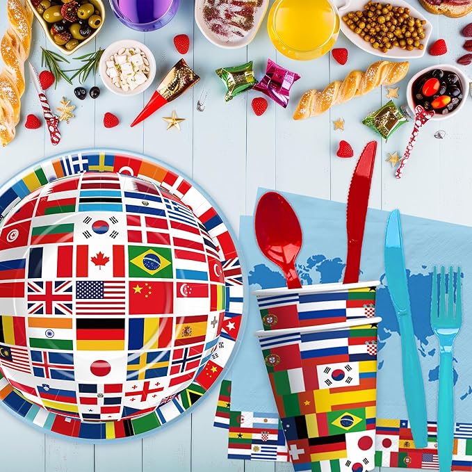 APOWBLS International World Flags Decorations Tableware - Olympic Decorations Party Supplies, Paper Plate, Cup, Napkin, Fork, Travel Trip Around the World Globe Retirement Supplies | Serve 24