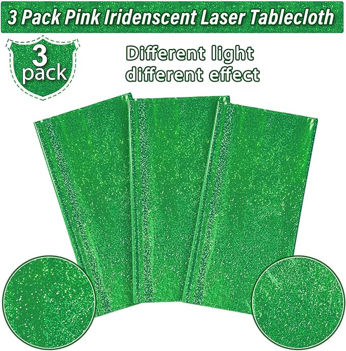 3 Pack Iridescent Green Plastic Tablecloths, Shiny Disposable Laser Rectangle Table Covers, Holographic Foil Tablecloth for St. Patrick's Day Birthday Christmas Witch Theme Party, 54x108Inch