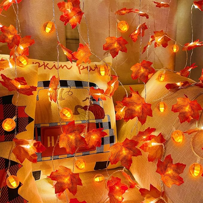 3 Pack&Timer - Fall Decor Fall Garland with Pumpkin Lights Thanksgiving Fall Decorations for Home, 30Ft 60LED 3D Pumpkin Fall Lights Patented Enlarged Maples Leaf Battery Operated Halloween Decor
