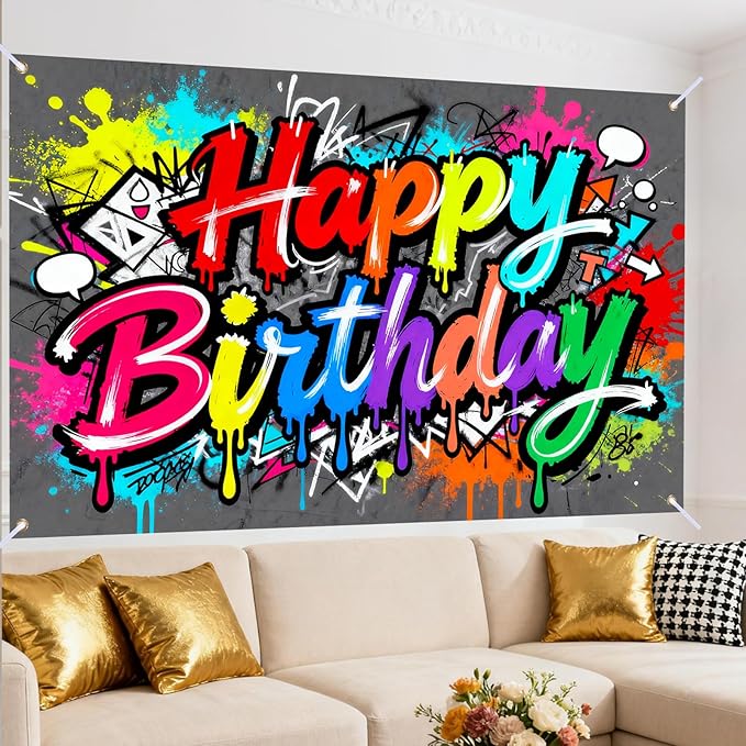 Vibrant Dripping Graffiti Happy Birthday Banner, Large Colorful Backdrop for Kid Teen Party Decor